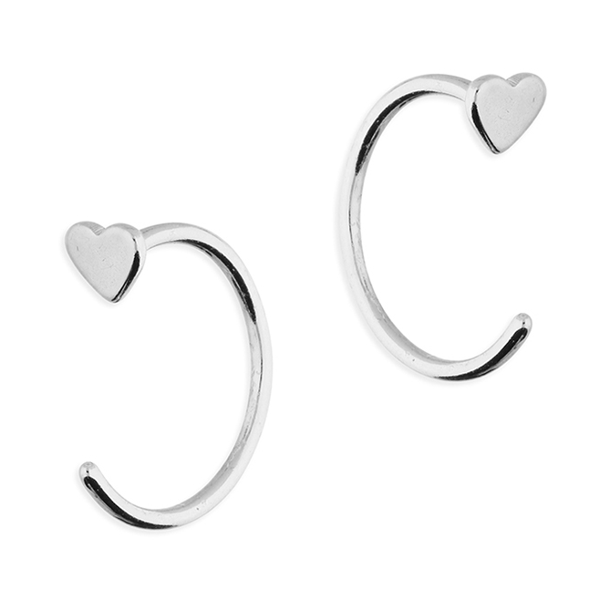 silver half hoop heart pull through earrings
