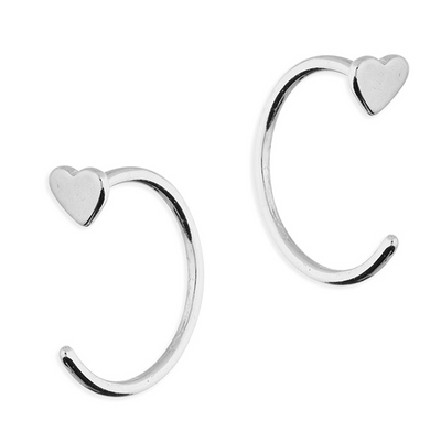 silver half hoop heart pull through earrings