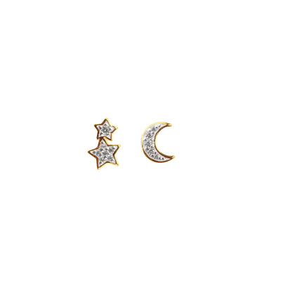 Dew Gold Odd Crystal Moon & Star Stud Earrings