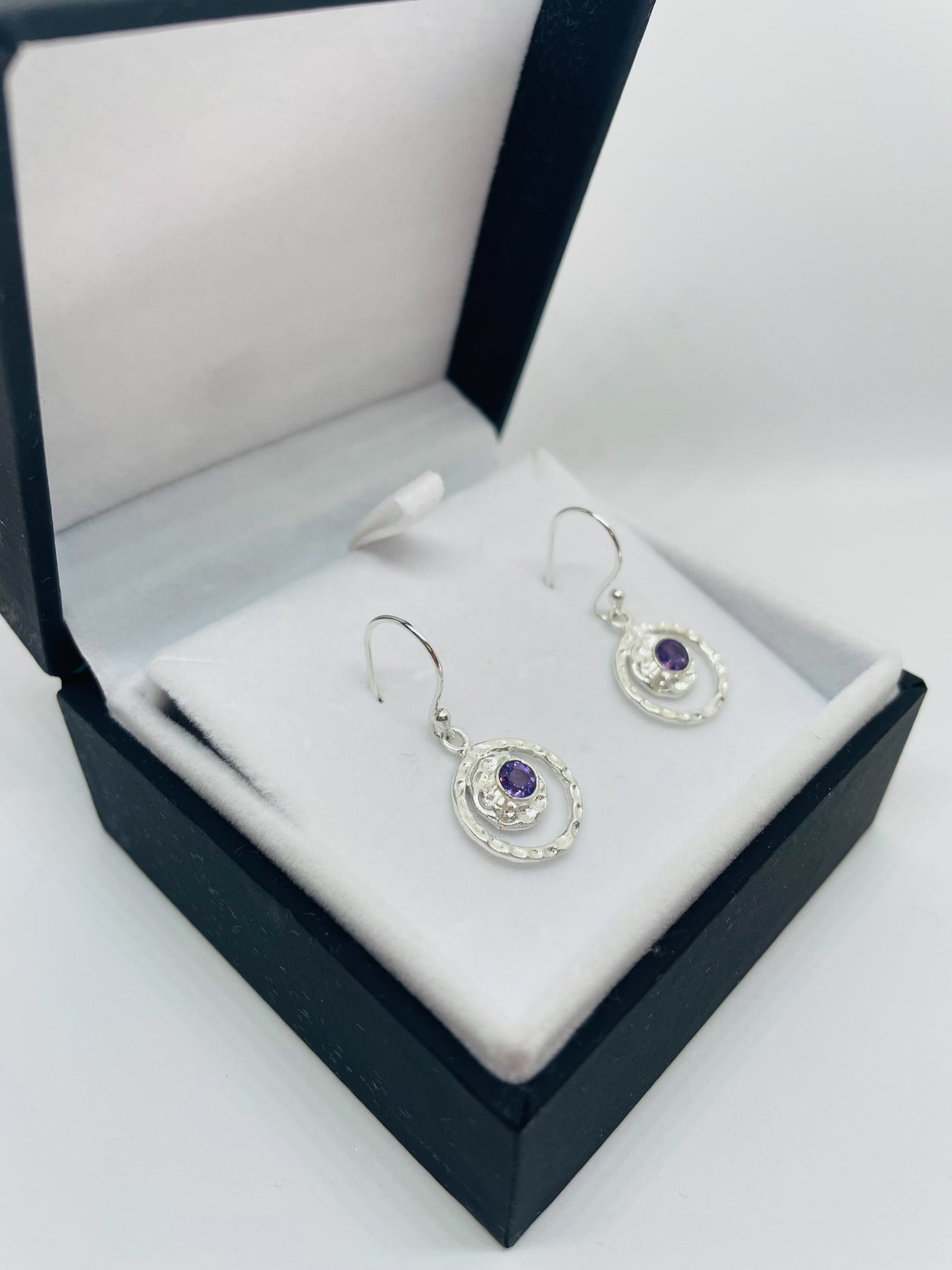 Silver Halo Amethyst Drop Earrings