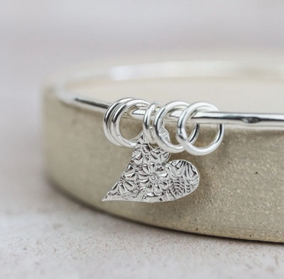 Silver Tilted Heart Charm Bangle