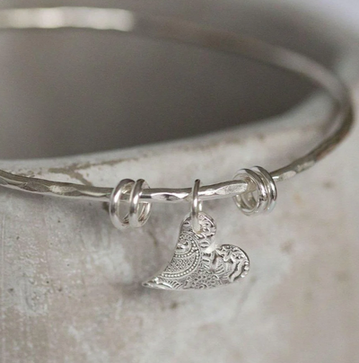 Silver Tilted Heart Charm Bangle
