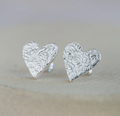 Silver Textured Heart Stud Earrings