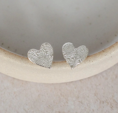 Silver Textured Heart Stud Earrings