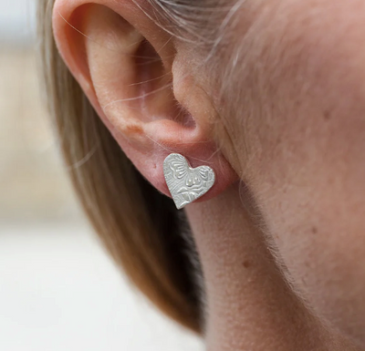 Silver Textured Heart Stud Earrings