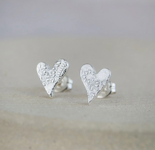 Silver Tilted Heart Stud Earrings