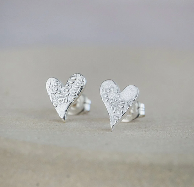 Silver Tilted Heart Stud Earrings