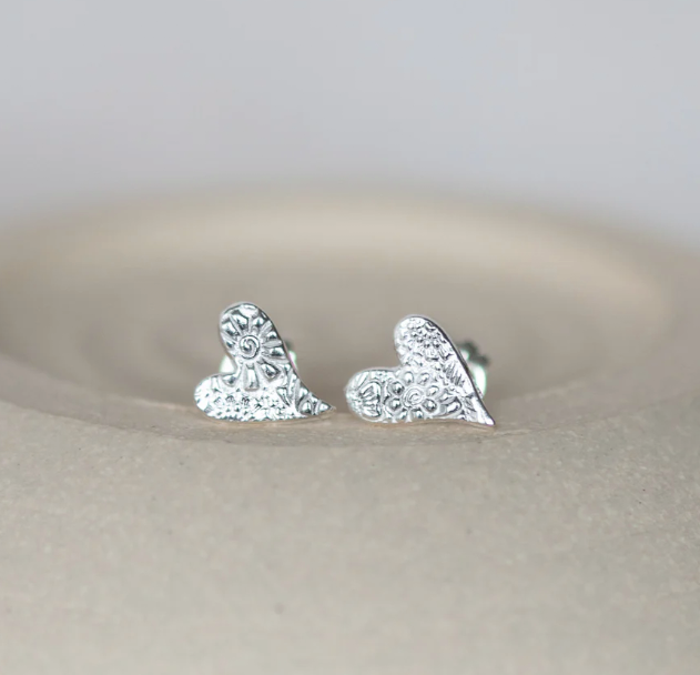 Silver Tilted Heart Stud Earrings