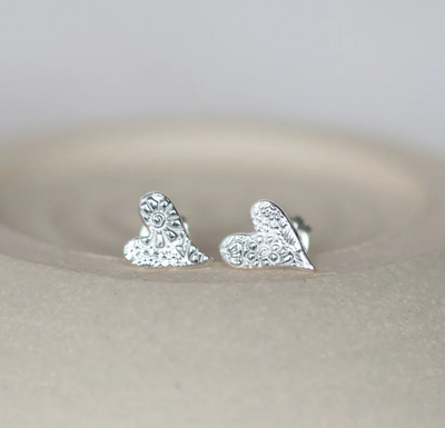 Silver Tilted Heart Stud Earrings