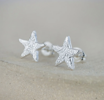 Silver Textured Star Stud Earrings