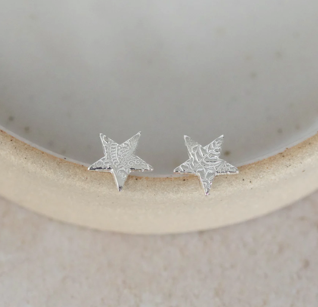 Silver Textured Star Stud Earrings