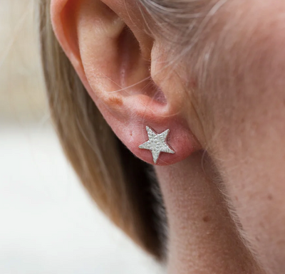 Silver Textured Star Stud Earrings