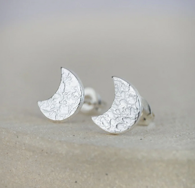 Silver Textured Moon Stud Earrings