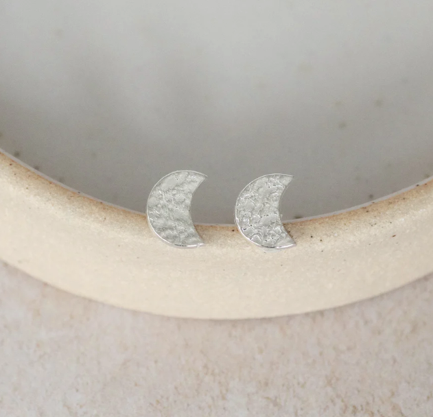Silver Textured Moon Stud Earrings