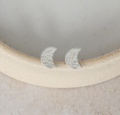 Silver Textured Moon Stud Earrings