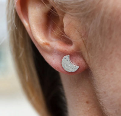 Silver Textured Moon Stud Earrings
