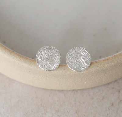 Silver Textured Circle Disc Stud Earrings