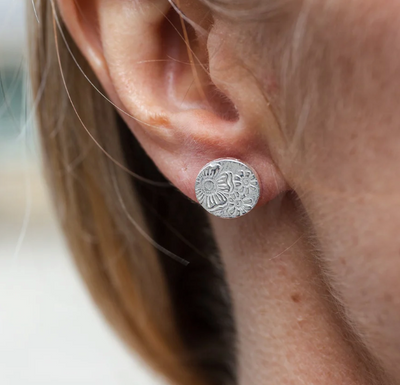 Silver Textured Circle Disc Stud Earrings