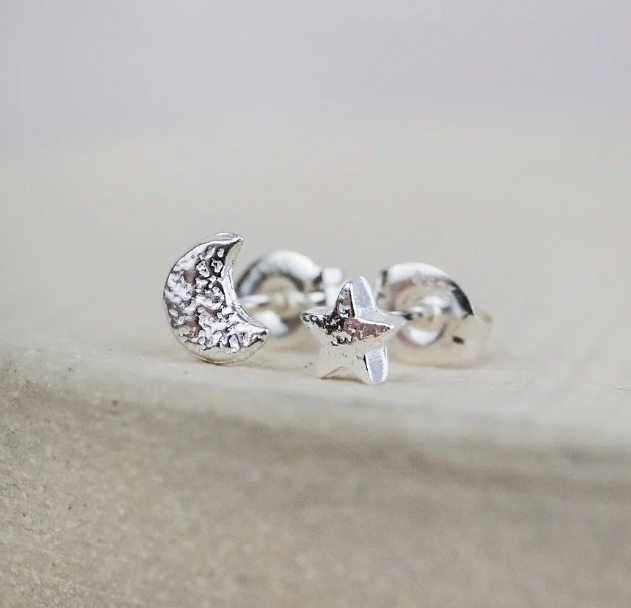 Silver Mini Moon & Star Stud Earrings