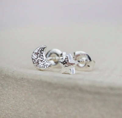 Silver Mini Moon & Star Stud Earrings