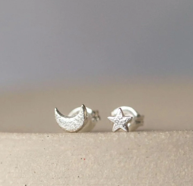 Silver Mini Moon & Star Stud Earrings