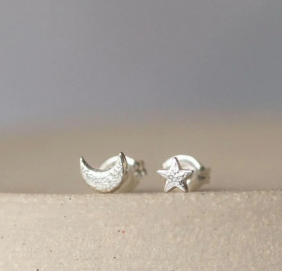 Silver Mini Moon & Star Stud Earrings