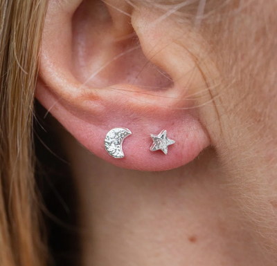 Silver Mini Moon & Star Stud Earrings