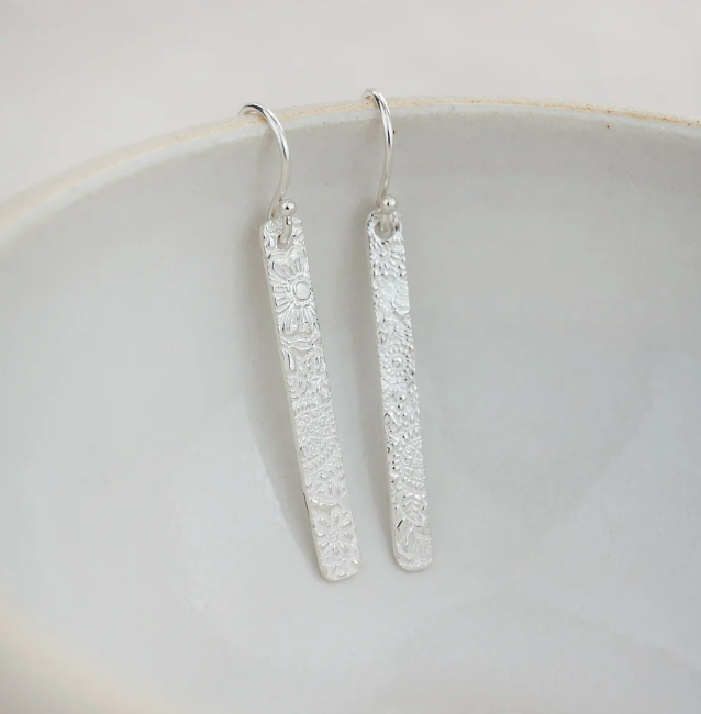 Silver Textured Long Rectangle Drop Earrings
