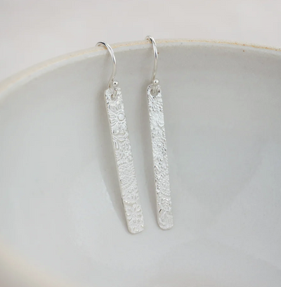 Silver Textured Long Rectangle Drop Earrings