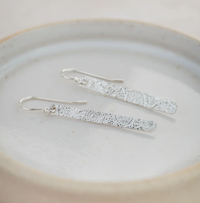 Silver Textured Long Rectangle Drop Earrings