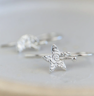 Silver Textured Odd Star & Moon Drop Earrings