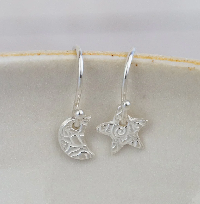 Silver Textured Odd Star & Moon Drop Earrings