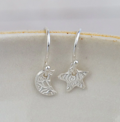 Silver Textured Odd Star & Moon Drop Earrings