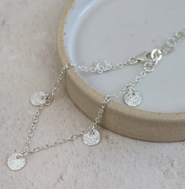 Silver Textured Circle Charm Bracelet
