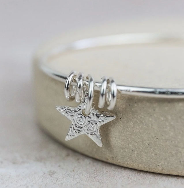 Silver Textured Star Charm Bangle