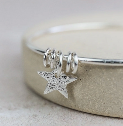 Silver Textured Star Charm Bangle