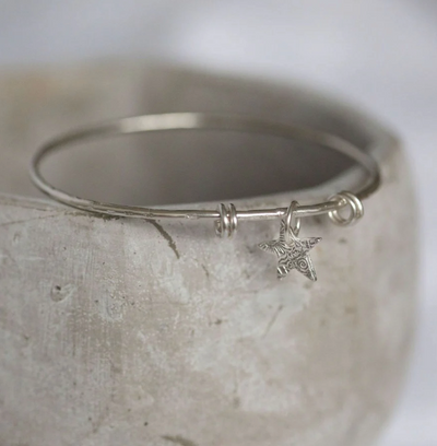 Silver Textured Star Charm Bangle