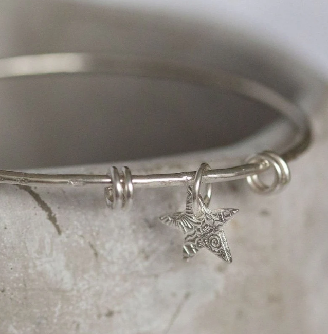 Silver Textured Star Charm Bangle