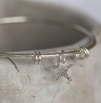 Silver Textured Star Charm Bangle