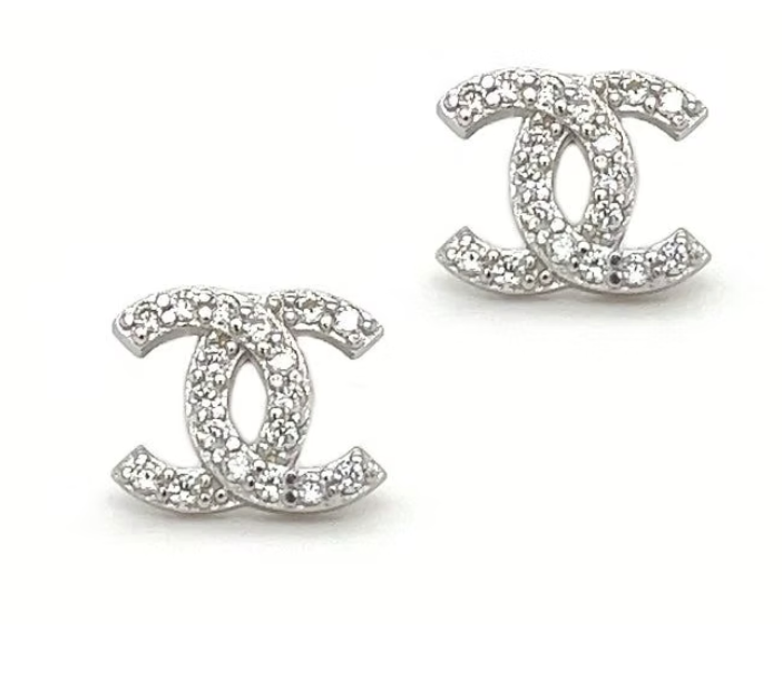 Silver CC Crystal Stud Earrings
