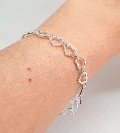 Heavy Silver Linked Hearts Bracelet