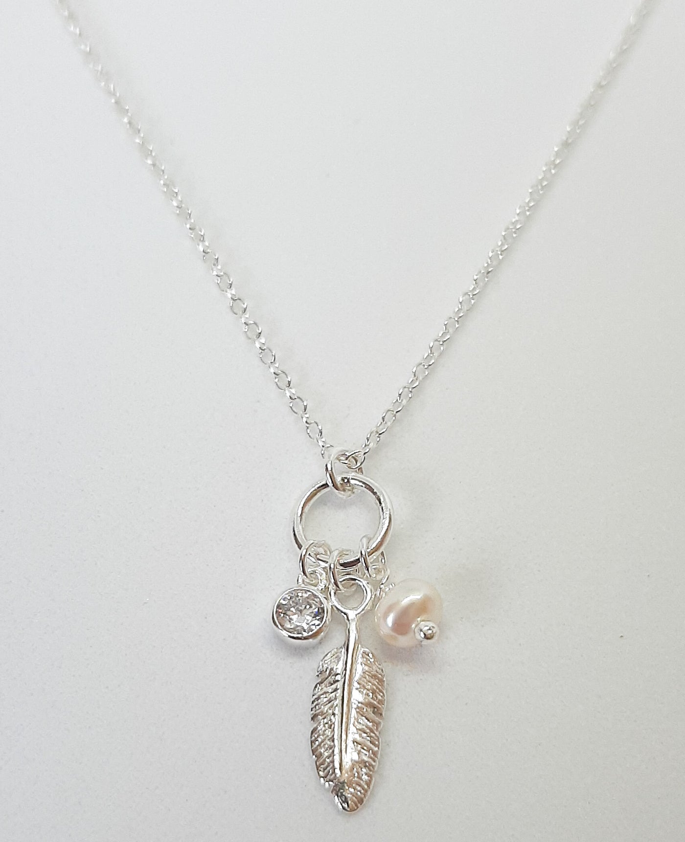Silver Feather CZ & Pearl Charm Pendant