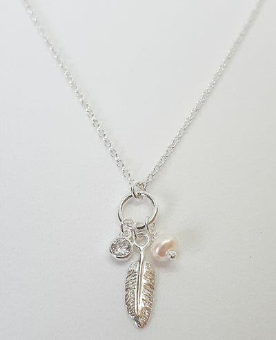 Silver Feather CZ & Pearl Charm Pendant