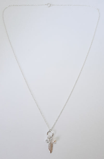 Silver Feather CZ & Pearl Charm Pendant