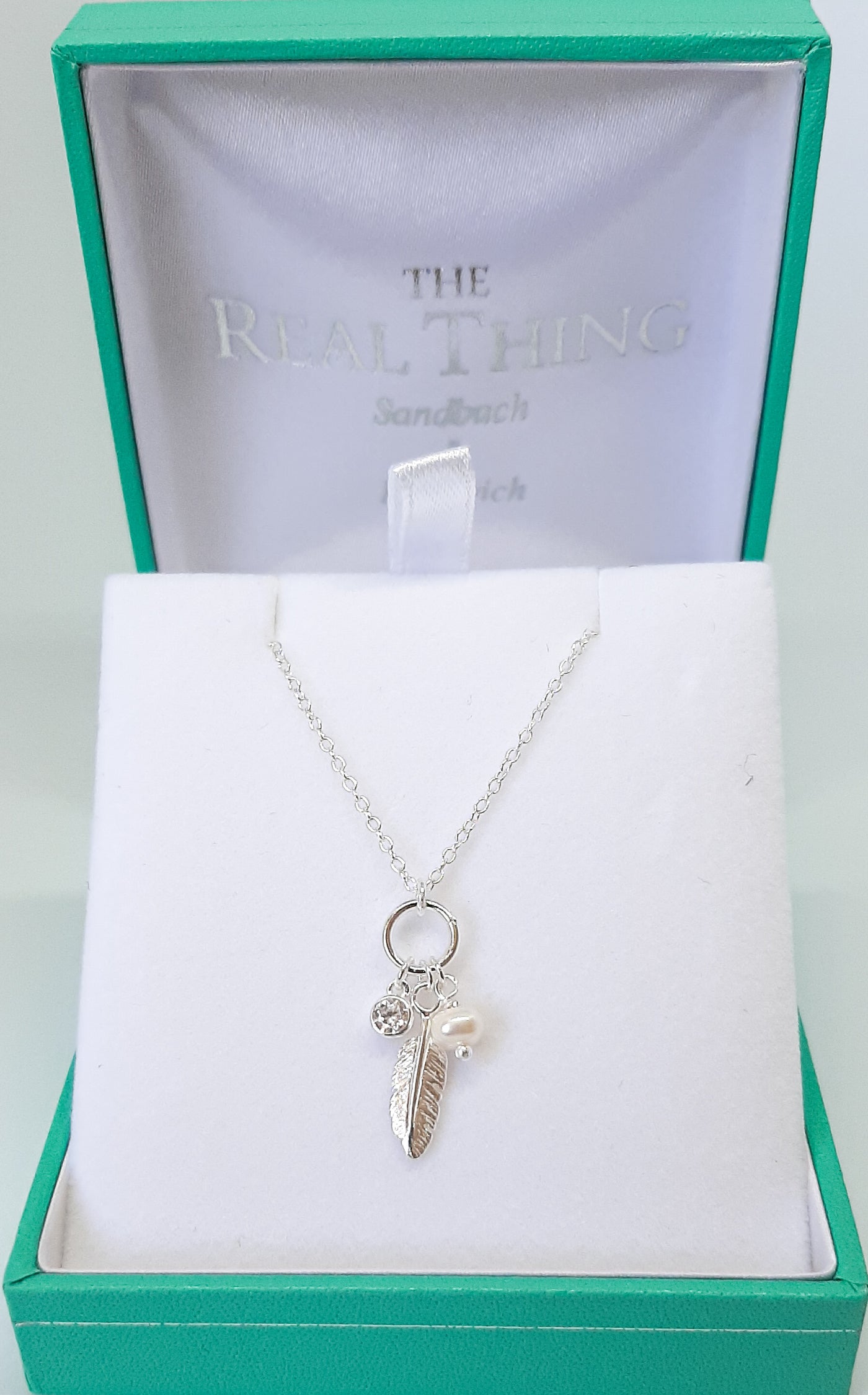 Silver Feather CZ & Pearl Charm Pendant