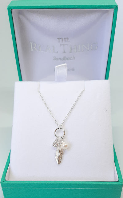 Silver Feather CZ & Pearl Charm Pendant