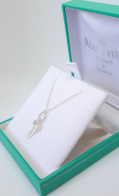 Silver Feather CZ & Pearl Charm Pendant
