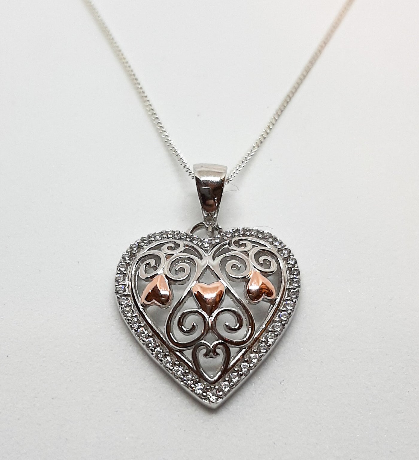 Silver & Rose Gold CZ Heart Pendant