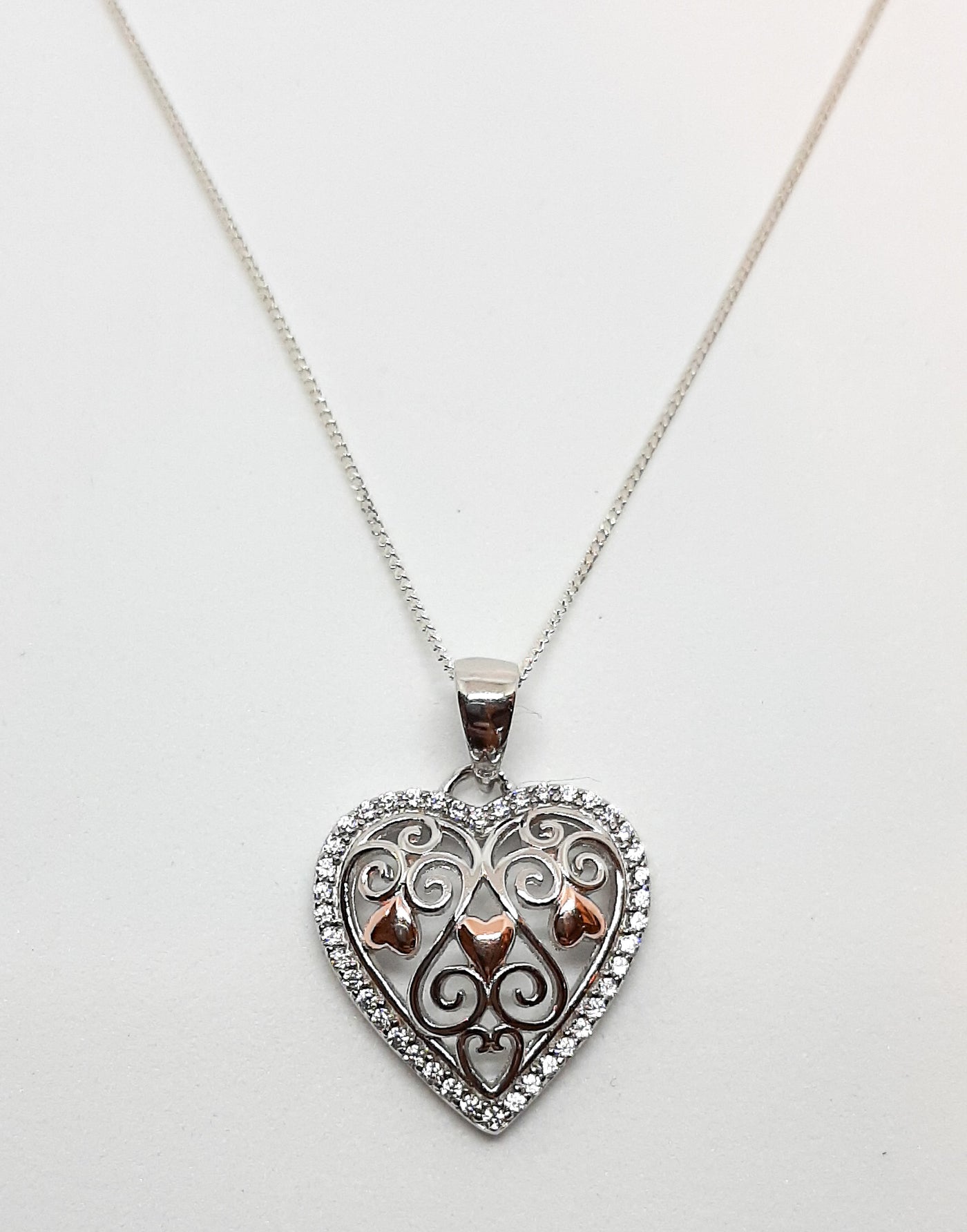 Silver & Rose Gold CZ Heart Pendant