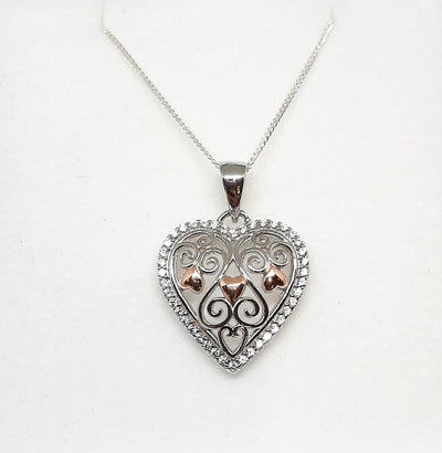 Silver & Rose Gold CZ Heart Pendant